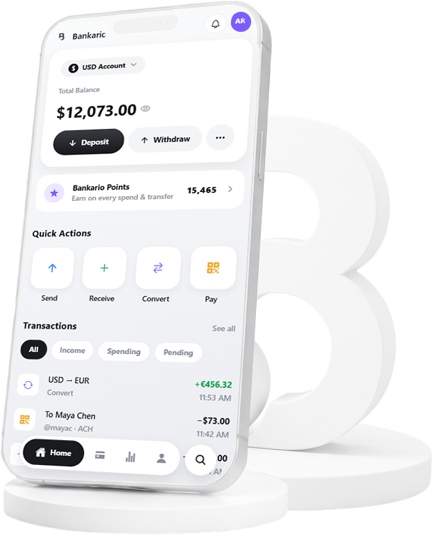 Bankario mobile banking app showing a USD, EUR and stablecoin account balance