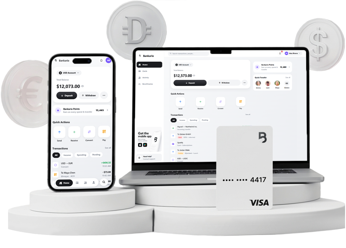 Fully branded neobank shown across mobile app, web dashboard and a white-label card built on Bankario