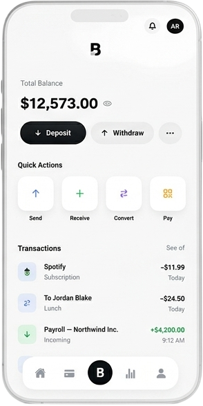 Fully branded neobank mobile app built on Bankario, showing balance and quick actions